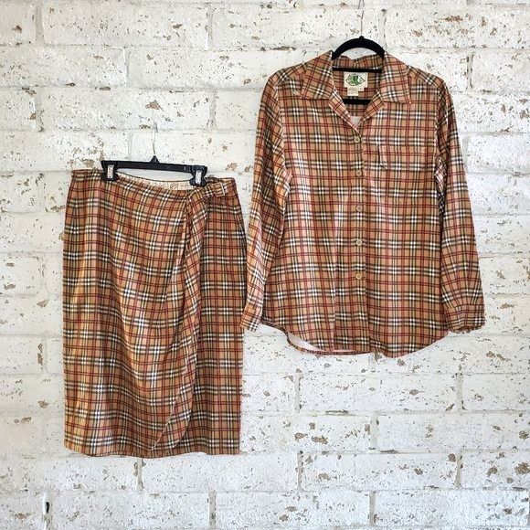 VTG NATURAL ELEMENTS 100% Silk Plaid Matching Skirt Top Tartan Preppy Norm SZ 10 - Picture 1 of 12
